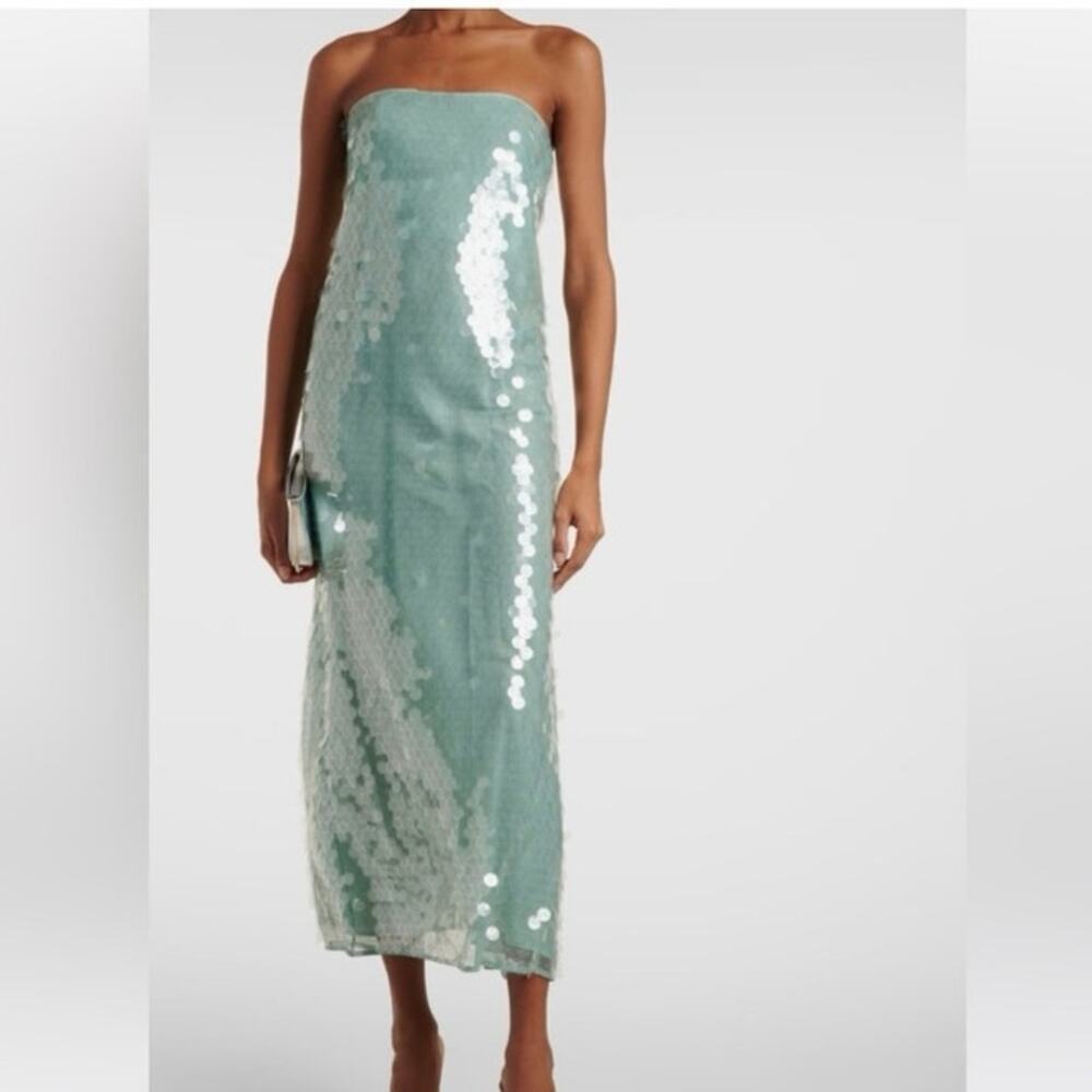 STAUD Mint Green Strapless Sequin Casey Midi Dress